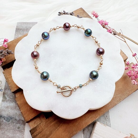 Handmade Rainbow Peacock Freshwater Pearl Bracelet | 14k Gold Filled - Picture 1 of 5
